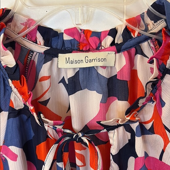 Red, Pink and Blue Blouse with Tie Front and Flutter Sleeves - Picture 2 of 6